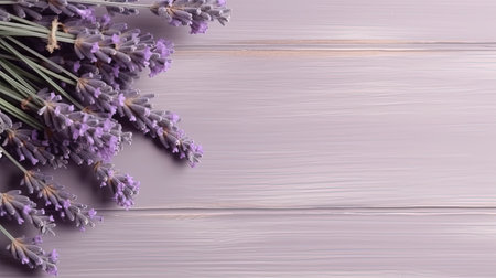 Lavender flowers on wooden background. Top view with copy spaceの素材