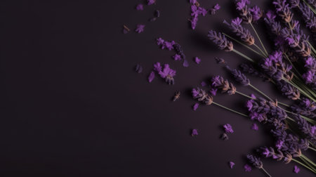 Lavender flowers on black background. Top view, flat layの素材