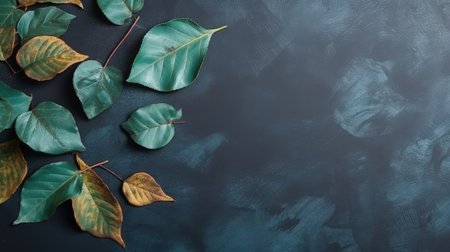 Green leaves on black background. Flat lay, top view, copy spaceの素材