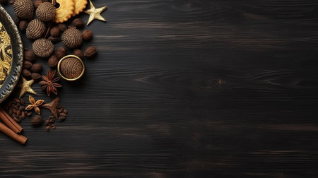 Christmas background with cinnamon, star anise, chocolate candies and nuts on dark wooden tableの素材