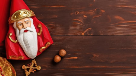 Christmas decoration on brown wooden background. Top view with copy space.の素材