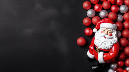 Christmas background with Santa Claus and red balls. Top view with copy spaceの素材
