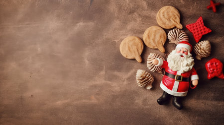 Christmas background. Santa Claus and gingerbread cookies on a brown background.の素材