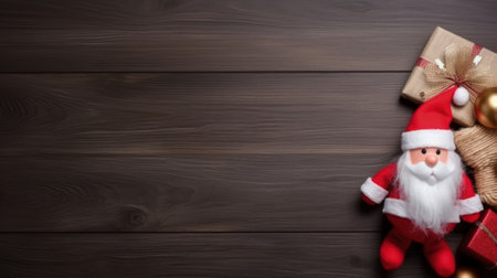 Christmas decoration on wooden background. Top view with copy space for your textの素材