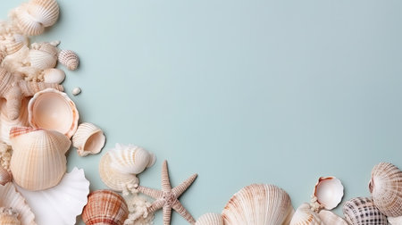 Summer background with seashells and starfish. Top view with copy spaceの素材