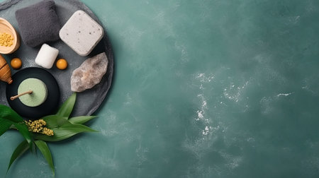 Spa and wellness setting with natural ingredients on green background. Top view with copy spaceの素材