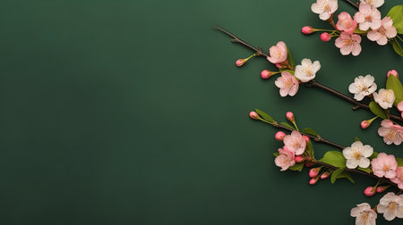 Blossoming branch of sakura on green background with copy spaceの素材