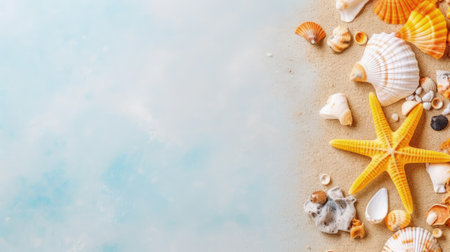 Summer background with seashells and starfish on the sand.の素材