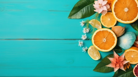 Orange, lemon and grapefruit with green leaves on blue wooden backgroundの素材