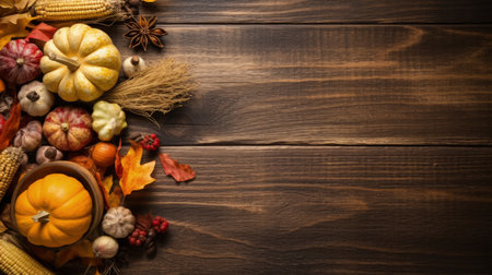 Thanksgiving background with pumpkins and autumn leaves on wooden board.の素材
