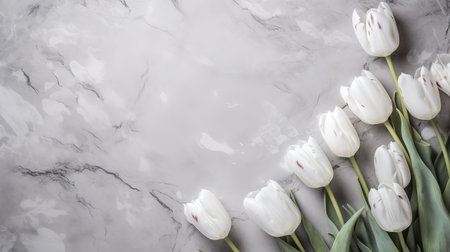 White tulipsle background. Top view, flat lay, copy spaceの素材