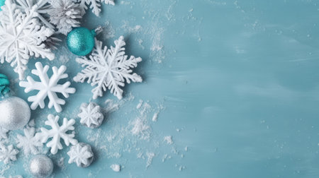 Christmas background with snowflakes and decorations on a blue background.の素材