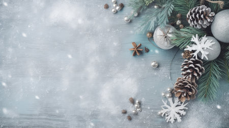 Christmas greeting card. Festive decoration on wooden background. New Year concept. Copyspace. Flat lay. Top view.の素材