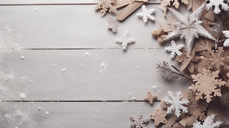 Christmas background with wooden snowflakes and gingerbread cookies on white wooden boardの素材
