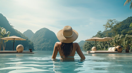 Rear view of young woman in straw hat and bikini relaxing in swimming poolの素材