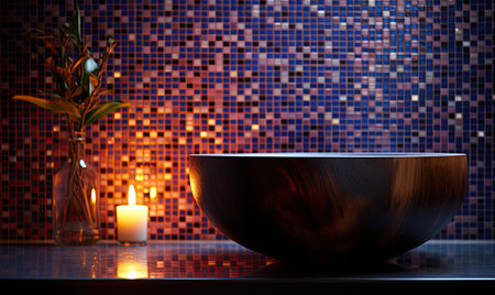 Bathroom interior with wooden bathtub, burning candle and plant. 3d renderingの素材