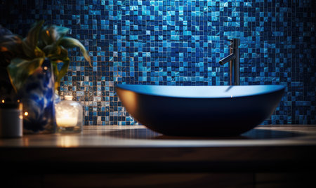 Interior of modern bathroom with blue tile wall. 3d renderingの素材