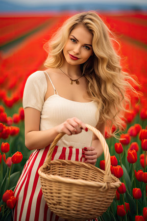 Beautiful young woman with a basket of tulips in the fieldの素材