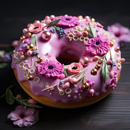 Donut with pink glaze and flowers on a dark wooden backgroundの素材