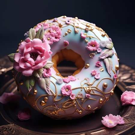 Donut with pink glaze and flowers on a dark background.の素材
