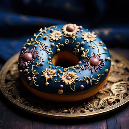Donut with blue glaze and decorated with flowers. Selective focus.の素材