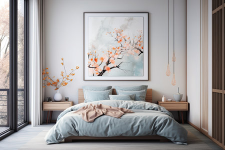 Interior of modern master bedroom with white walls, concrete floor, comfortable king size bed with blue linen and decorated with autumn leaves. 3d renderingの素材
