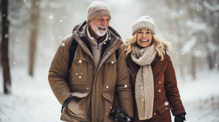 Happy senior couple walking in snowy forest. They are looking at camera and smilingの素材