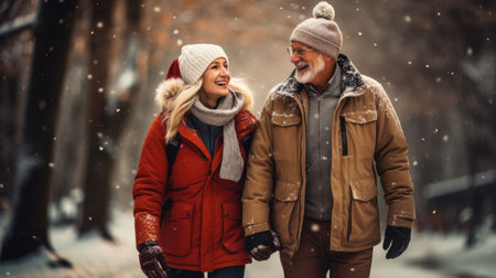love, season, friendship and people concept - happy senior couple walking in winter parkの素材