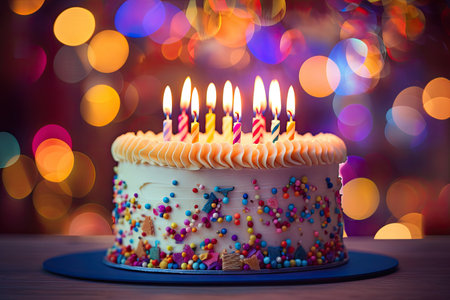 Birthday cake with burning candles on wooden table on bokeh backgroundの素材
