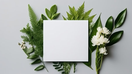 Blank wedding invitation card mockup with green leaves on white backgroundの素材