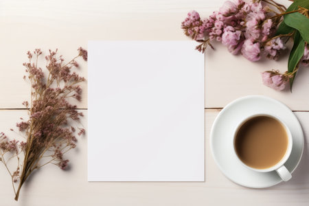 mockup - blank white sheet of paper on a wooden table backgroundの素材