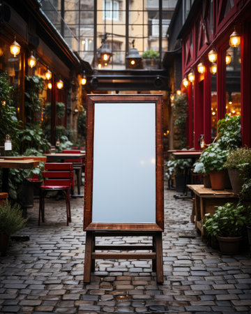 Empty menu board on a restaurant terrace. Mockup for your designの素材