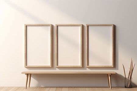 thin empty blank wooden frames on a beige wall. poster/art mockup templateの素材