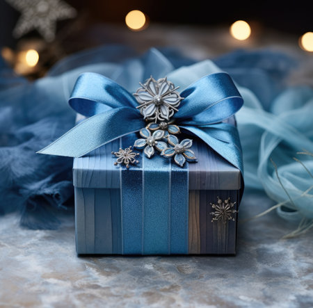 Blue gift box with ribbon and bow on a bokeh backgroundの素材
