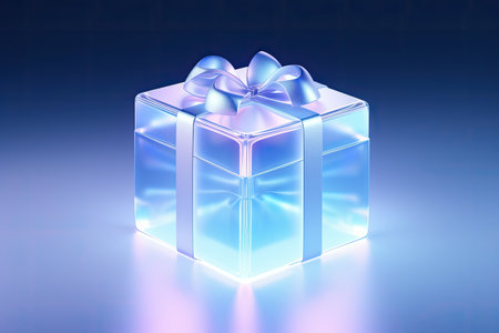 Blue gift box with a bow on a blue background. 3d renderingの素材