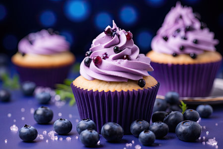 Cupcakes with blueberries on a purple background. Selective focus.の素材