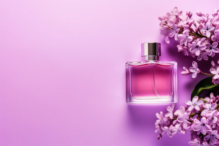Bottle of perfume with lilac flowers on color background, closeup product mockupの素材