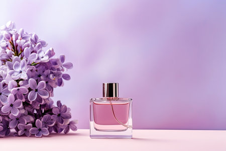 Bottle of perfume with lilac flowers on color background, closeup product mockupの素材