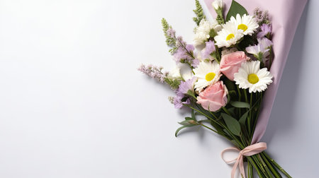 Bouquet of beautiful flowers on white background, top view. Space for textの素材
