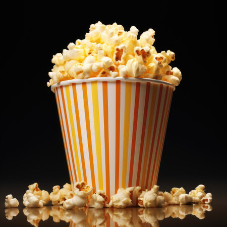 Popcorn in a striped bucket on a black background with reflection.の素材