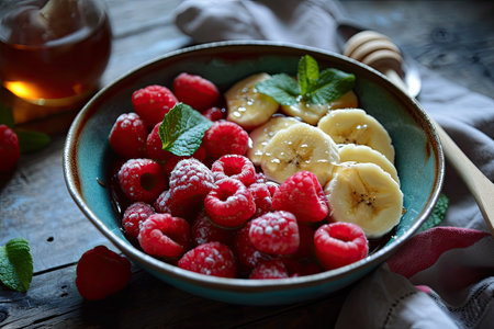 Healthy breakfast with fresh raspberries, banana and honey.の素材