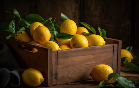 Ripe lemons in a wooden box on a wooden background.の素材