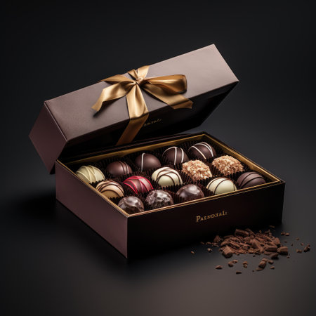 Box of assorted chocolates with golden ribbon on black background.の素材