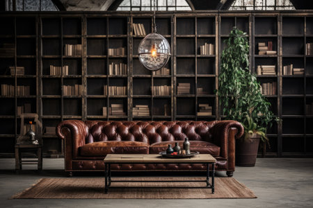 Luxury interior design of living room with leather sofa, bookshelf and vintage lampの素材