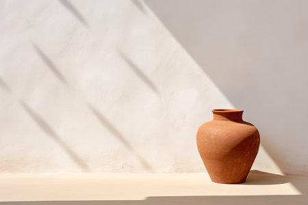 clay vase on the table with shadow on the white wallの素材
