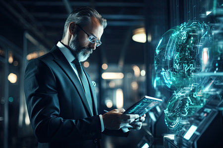 Businessman using digital tablet in modern office. Technology and innovation concept. Double exposureの素材