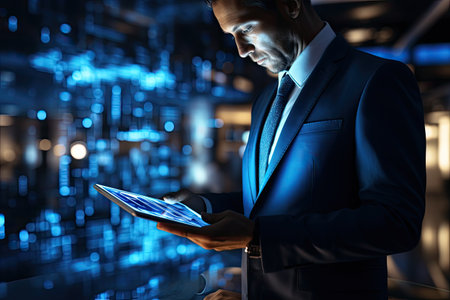 Close up of businessman using tablet pc in dark office. Mixed mediaの素材