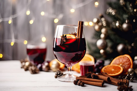 Mulled wine with spices and Christmas decorations on wooden backgroundの素材