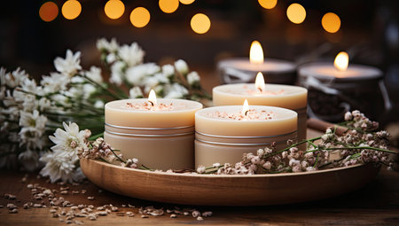 Beautiful spa composition with aroma candles on wooden table, closeupの素材