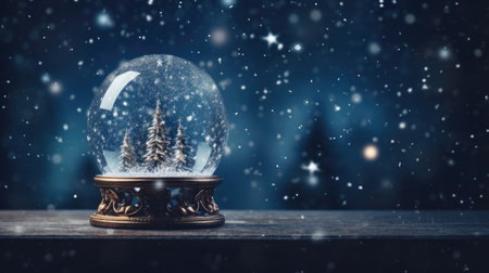 Snowglobe with Christmas tree on wooden table with snowfallの素材
